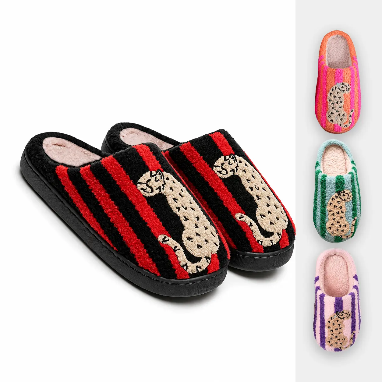 Women’s Retro Striped & Leopard Fuzzy Slippers, Super Soft Fluffy Lined Closed Toe House Shoes, Warm Cozy Anti Slip Indoor Bedroom Slippers, Winter Holiday Gift for Women,  Footwear