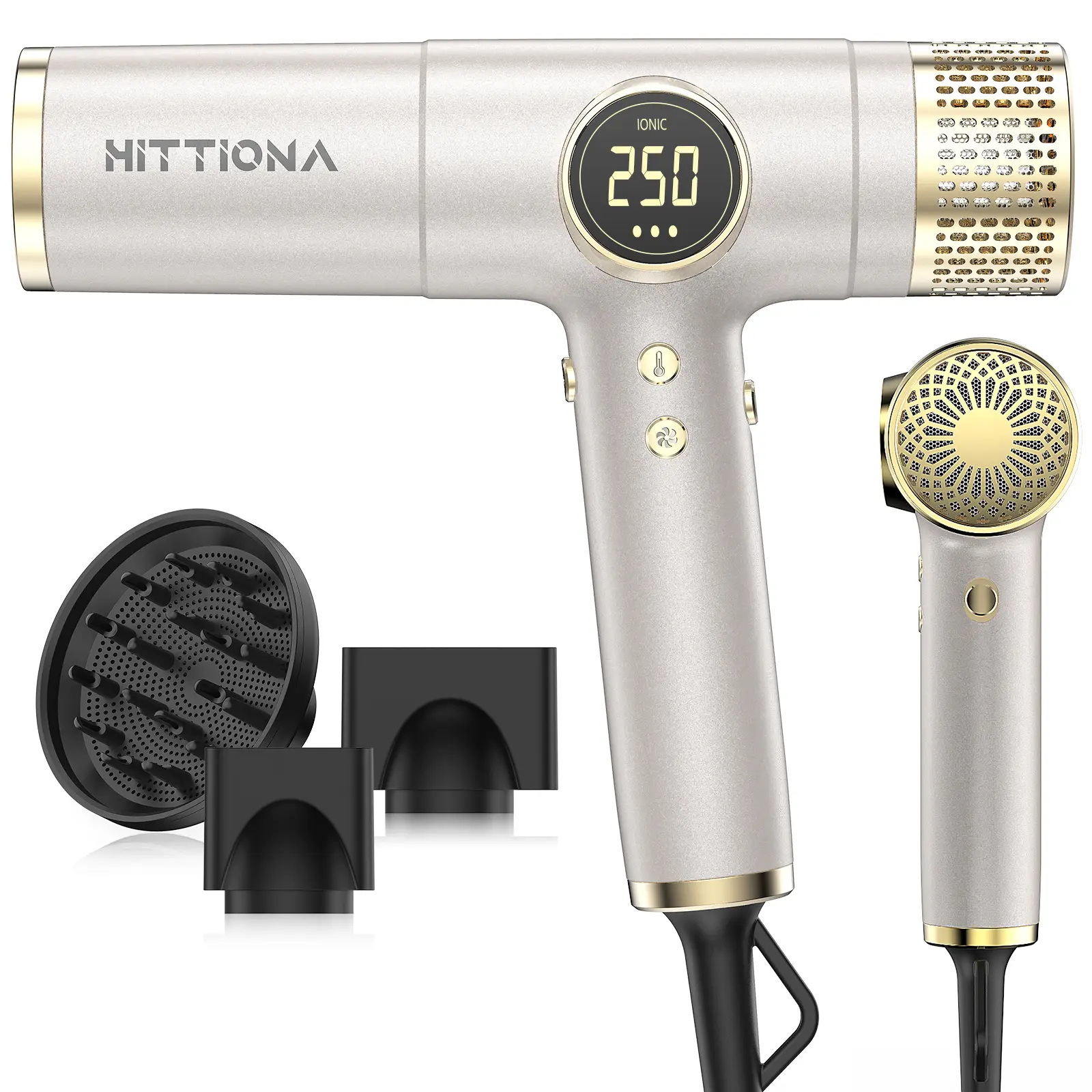 Dual Voltage Travel Hair Dryer with Magnetic Diffuser - 2000W High-Speed Ionic Hair Dryers Gift for Women, Fast Drying, Low Noise, Lightweight, No Heat Damage, European Travel 110V-240V, Gold