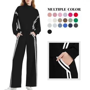 Women's 2 Piece Outfits Zip Up Sweatshirt Contrast Striped Wide Leg Sweatpants Suits Jogger Travel Matching Set Black Casual