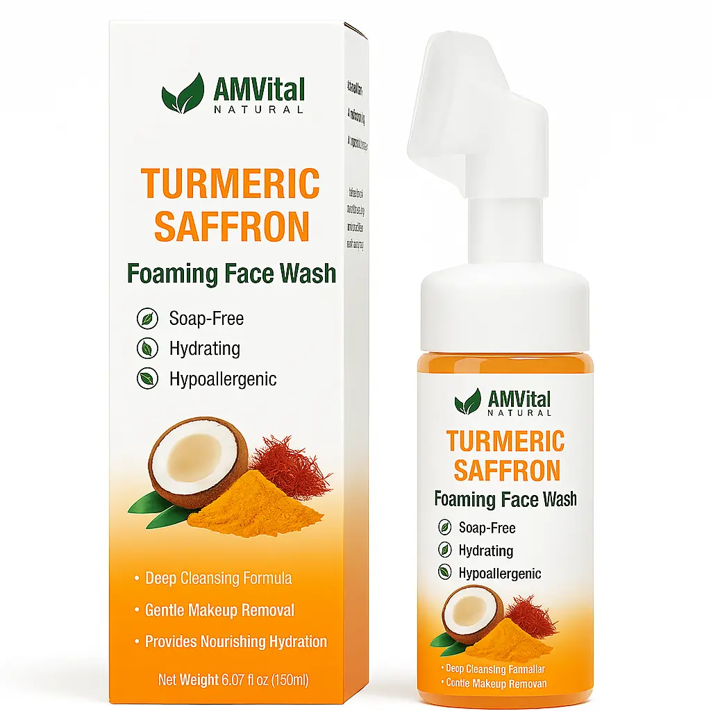 AMVital Turmeric Saffron Foaming Mousse Facial Cleanser - Gentle, Nourishing Daily Face Wash for Sensitive Skin with Soothing, Radiant Brightening Effects