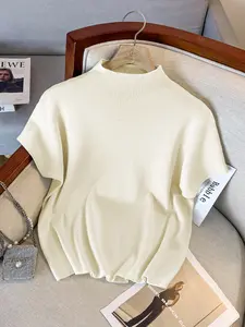 Small Stand Collar Solid Color Loose Fit Casual Womenswear Knitwear Pullover Top, Short Sleeve Shoulder Pad Design, Comfortable Daily Wear