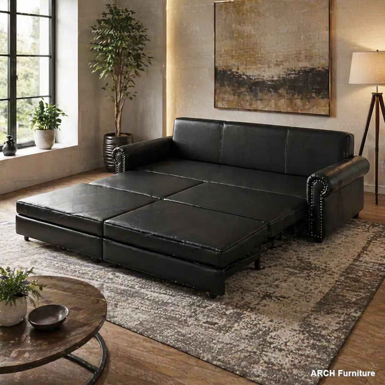 Black 93-in King Size Traditional Retro Arch Chesterfield Convertible Sofa Bed Couch - Iron-Frame Cotton Furniture, Rolled Arms, Nailhead Trim, Quick Setup, Rectangle, Pull-Out to King, Child-Safe Sofas for Living Room