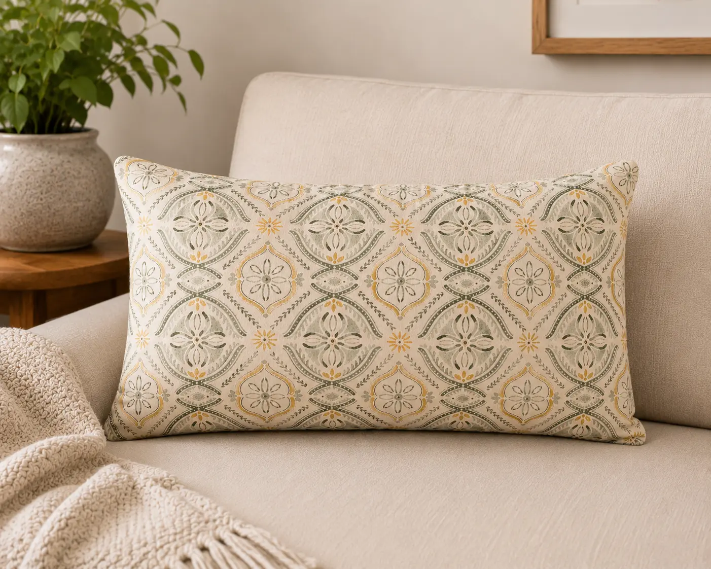 Reversible Decorative Pillow- 12"x19" Medallion Print & Solid Green