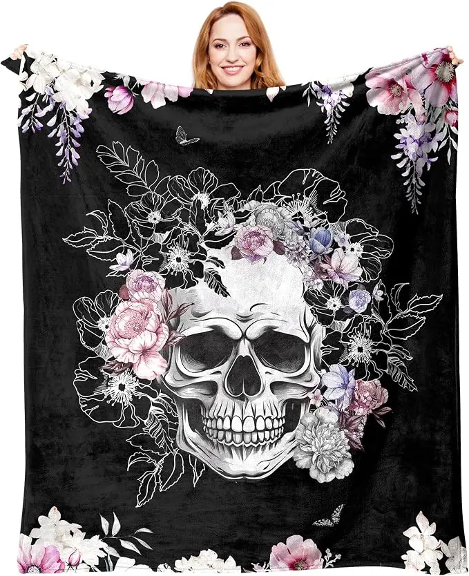 Black Floral Skull Flannel Throw Blanket, Large Soft Lightweight Warm Decorative Blanket, Multi-Purpose Sofa Cover, Wall & Front Door Hanging Tapestry, Gothic Halloween Gift for Family and Friends
