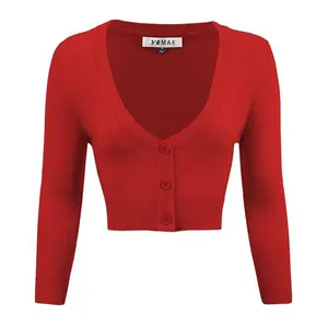 Women's Cropped Cardigan 3/4 Sleeve V-Neck Basic Button Down Knit Sweater Red