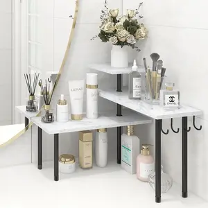 Counter Corner Shelf, 3 Tier Countertop Organizer for Over The Sink, Make Up, Dresser Table, White Marble