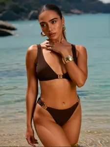 Women's Bikini Set 2-Piece Swimsuit V-Neck Top High Cut Bottom Gold Chain Hardware Ribbed Fabric Bathing Suit Beach Swimwear