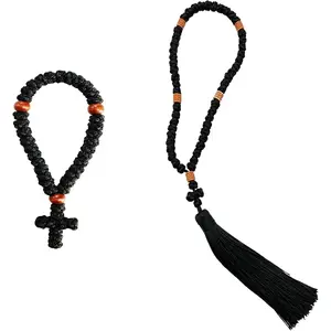 2 count Black Chotki Christian Orthodox Prayer Rope, 50 knot Handmade Greek Omboskoini Prayer Rope with 33 knot,Protection Blessing Cross Charm Tassel  Hanging Charm Christmas