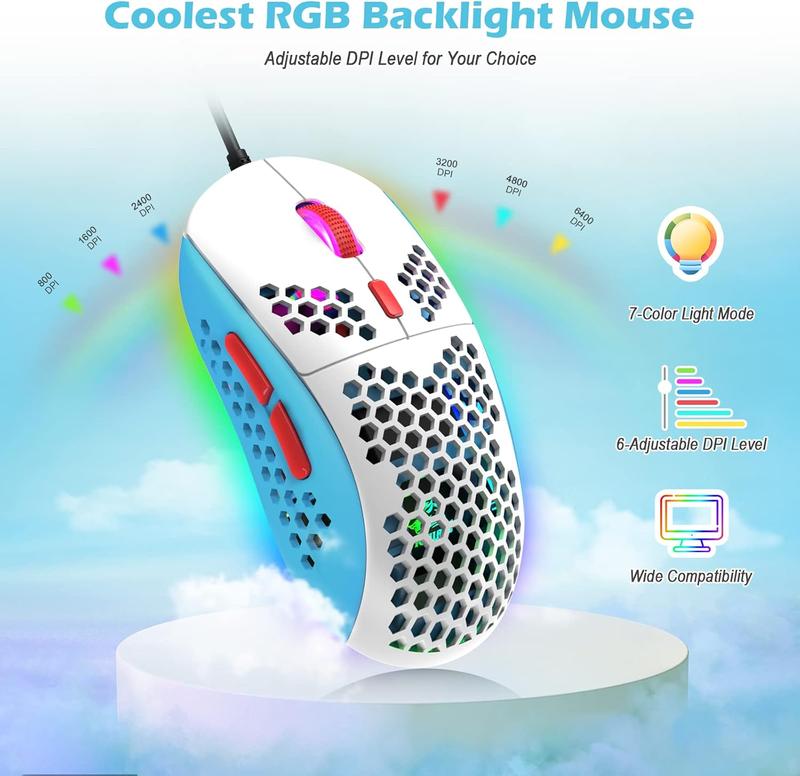 ZIYOU LANG T60 Wired Rainbow Backlit Mechanical Gaming Keybaord and Mouse Combo, 62 Keys Mini Portable Keyboard, 6400 DPI RGB Homeycomb Mouse, with Coiled Aviator C Cable for PS4/PC/WIN Gamer