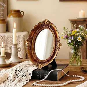 European Classical Oval Mirror Decorative Piece, Vintage Palace Style Resin Frame, Bathroom Ornament, Home Living Room Bedroom Decoration