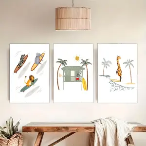 Set of 3 Frameless Poster  Animal Canvas Art Prints – Featuring Funny Beach and Surf-Themed Posters in a Colorful Burst Design, Designed as Playful Wall Ornaments for Bars, Homes, Dormitories, Cafés, or Living Rooms.