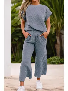 Quilted Short Sleeve Wide Leg Pants Set