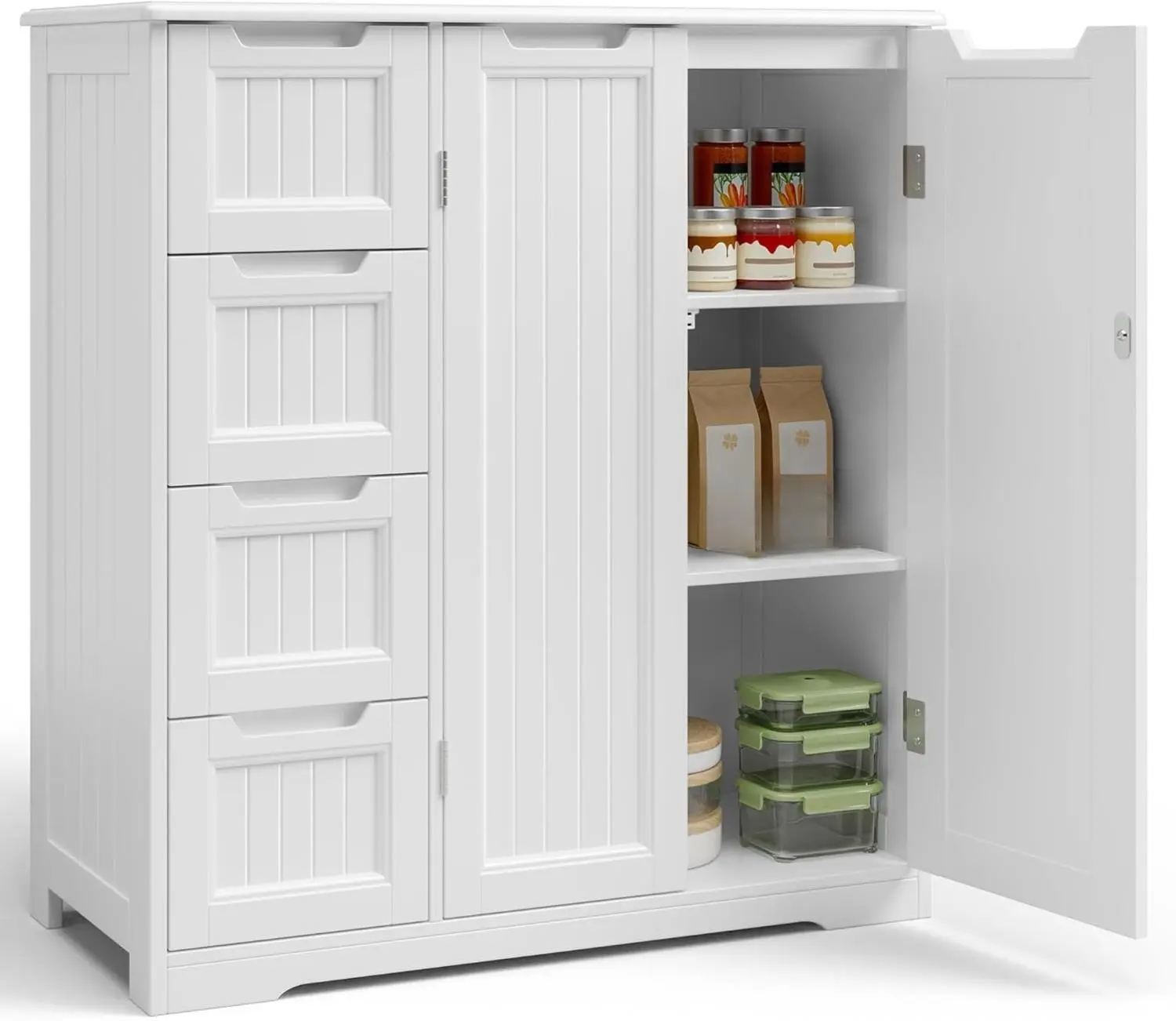 GIZOON Modern Multifunctional Freestanding Cabinet - Double Door Indoor Storage Cupboard with 4 Drawers, Adjustable Shelves, Coffee Bar Table for Bathroom, Living Room, Double Door Cabinets, Freestanding Cabinets