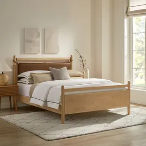 Leni Queen Size Vegan Leather and Wood Platform Bed Frame in Light Oak Canyon