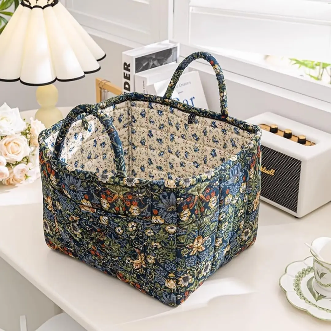 Boho Quilted Basket with Handles, Foldable Floral Organizer Bin for Home, Travel,, Shopping, Laundry, 12.6"x10.6"x10.6" (3199)