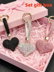 Valentine's Day Keychain Gift Set, Heartbeat Couple Design with Rhinestones, Multicolor Luxury Casual Accessory, Unisex Backpack Car Keys Bag Charm
