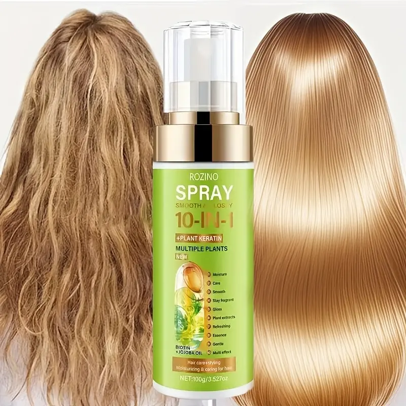 ROZINO 3.38 fl oz 10-in-1 Hydrating Hair Spray, Plant Keratin Leave-In Heat Protectant, Jojoba & Coconut Oil Infused, Frizz Control, Boost Shine & Moisturize, Haircare for All Hair Types