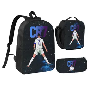CR7 Ronaldo Graphic Backpack - Lightweight Durable PVC with Adjustable Straps & Zipper Closure, Black Dynamic Soccer Print for Teens & Adults, Sports & Casual Use