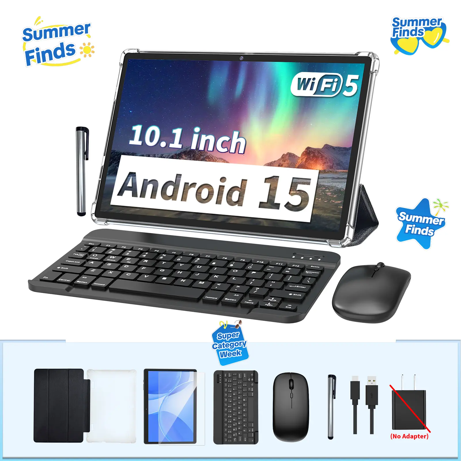 【SummerTurnUp】PYNAREL Android 15 Wireless Touchscreen Tablet with Keyboard, Case, Mouse, Stylus, Screen Protector, 5G WiFi, Type-C - Tech Gadgets, Back-to-School Stuff, Gift Bundle