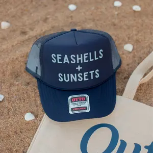 SEASHELLS AND SUNSETS TRUCKER HAT, BEACH HAT