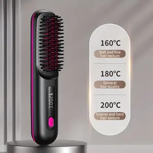 Portable wireless hair straightener comb - USB charging, 3 temperature settings, negative ion technology, long-lasting shine, LED display, lightweight, perfect for travel, comes with a comb and clips.