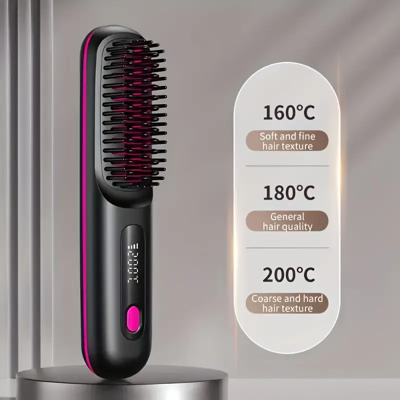 Portable wireless hair straightener comb - USB charging, 3 temperature settings, negative ion technology, long-lasting shine, LED display, lightweight, perfect for travel, comes with a comb and clips.