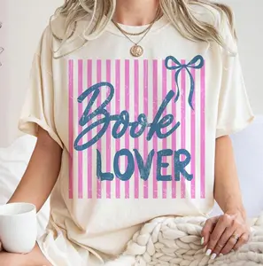 [Sale Up To 50%] Coquette Book Lover  Shirt, Preppy Pink Blue Stripes Bookworm Shirt, Girly Reading Club Shirt