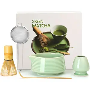 Matcha Whisk Set, Matcha Bowl with Spout, Matcha Whisk and Holder,  Scoop and Stainless Sifter - 5 count Jade Green Matcha Kit for Matcha Lover