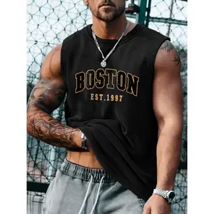 Men's Sleeveless Sports Vest - Boston EST 1997, 100% Cotton, Round Neck, Geometric Print, Machine Washable, All-Season Comfortable Vest for Gym & Casual Wear, Regular Fit, Slightly Elastic Fabric, Adults