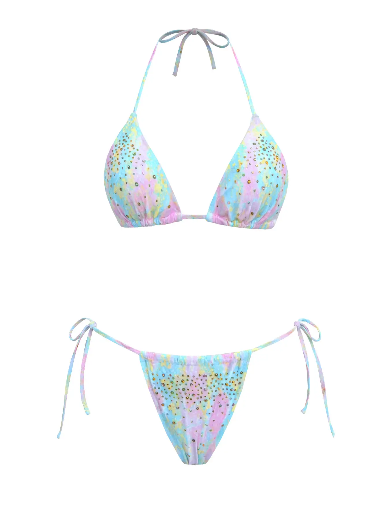 2026 new women’s rhinestone triangle bag mini bikini two-piece set—fashionable, sexy low-rise halter tie-neck two-piece swimsuit set; holiday casual beach swimwear/onsen wear
