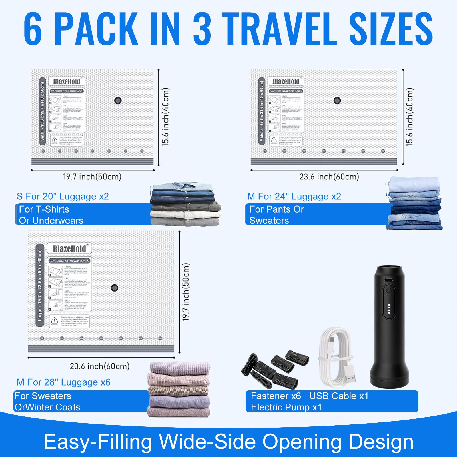 Cordless Travel Vacuum Compression Bag Set for Carry-On Suitcases (Electric Pump)Compressible Travel Bags, Vacuum Packing Kits, Luggage Packing Organiser