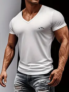 Men's Regular Fit Solid V Neck Short Sleeve Tee, Casual Comfy T-shirt for Summer, Fashion Men's Top for Daily Wear, Gym Workout Shirt, Breathable Athletic Top