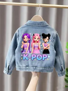 Girls' Idol Group Stage Denim Jacket Coats, Light Blue Washed Jean Fabric, Back Colorful Stage Print, Casual Loose Fit, Ages 1-8