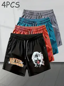4-Pack American Streetwear Shorts, Punk Fashion Print, Quick-Dry Breathable Fabric, Unisex Slim Fit, All-Season Wear