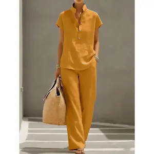 (New) Women's 2-Piece Linen Cotton Solid Color Short Sleeve + Long Pants Set, Basic Button Design, Simple Fashion Women's Clothes, Ideal for Vacation & Casual Wear, Sports & Outdoor Clothes, Shortsleeve Outfit
