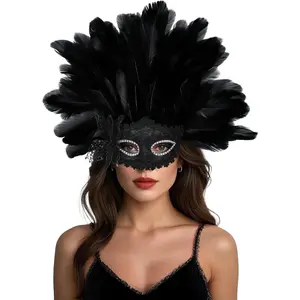 Venetian Feather Headpiece Mask for Women Luxury Feather Headwear Rhinestones Masquerade Mask for Halloween, Mardi Gras