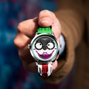 Men's Joker Watch Creative Whimsical Design Leather Strap Stainless Steel Sapphire Crystal Unique Face with Vibrant Green Accents