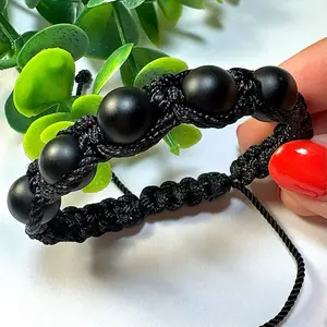 Men's Black Bracelet with Black Beads and Rope Design