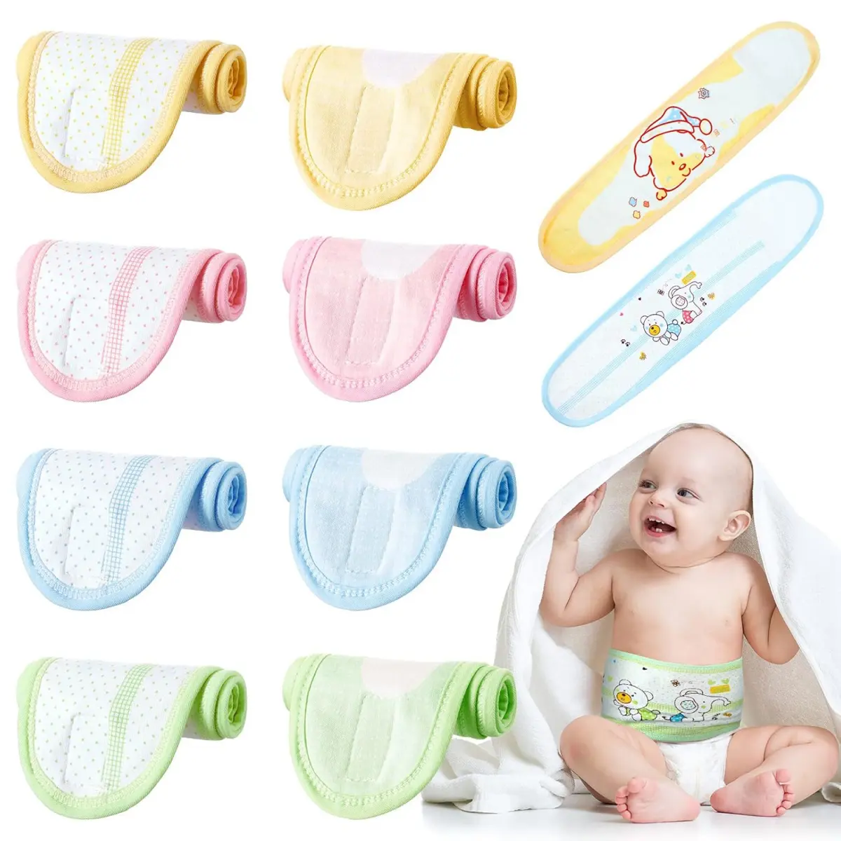 8-Pack Unisex Baby Tummy Bands - Soft Cotton Umbilical Wraps (11 x 48 cm/4.3 x 19 inch) with Cute Cartoon Designs Charm, Breathable Infant Essentials for Newborns 0-12 Months