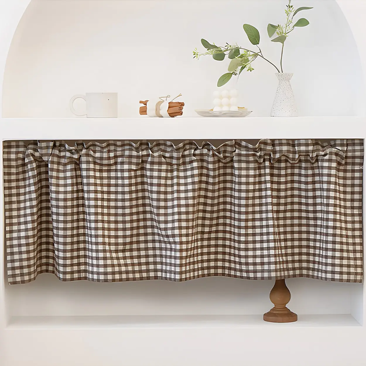 1pc Coffee Color Small Grid Pocket Curtain, Bedroom Living Room Half Light Blocking Comfortable Curtains, American Country Style Balcony Decorative Partition Curtain Window Curtain Home Decorative Curtain, Home Decoration Curtain