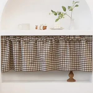 1pc Coffee Color Small Grid Pocket Curtain, Bedroom Living Room Half Light Blocking Comfortable Curtains, American Country Style Balcony Decorative Partition Curtain Window Curtain