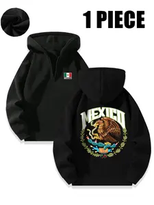 TikTok Viral “Mexico National Emblem” Half-Zip Hoodie, Sweatshirts - Soft Fleece-Lined Lounge Homewear & Cultural Street Style Outfit with Bold Mexican Eagle & Flag Prints, Perfect for Relaxing at Home, Celebrating Mexican Heritage & Urban Going Out