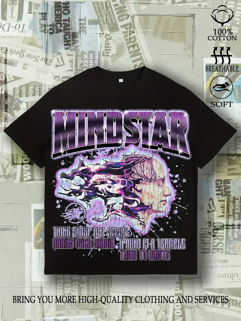 Men's Vintage Mindstar Graphic T-Shirt - White Tee with Purple Typography, Soft Breathable Cotton Shirt for Everyday Casual Streetwear & Year-Round Wear, Bold Flame Skull Design, Machine Washable Top