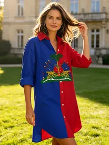 Summer New Haiti Flag Color Embroidered Shirt Dress, Loose Fit Lazy Style Collar Dress, Unique Vacation Commute Midi Skirt