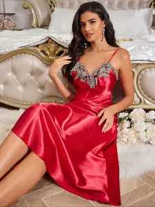 Women's Constrast Floral Lace Backless Satin Cami Nightdress, Adjustable Spaghetti Strap Nightgown, Soft Comfortable Fitted Sleepwear for Women