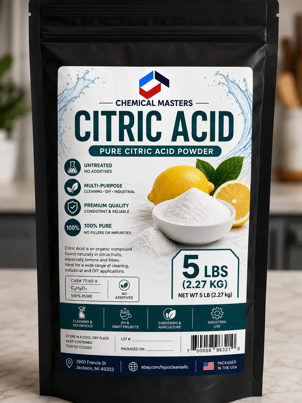 99% Pure Natural Citric Acid Powdered Cleaning Agent - 5lb Fine Granules, Free Flowing, Industrial Heavy Cleaner, Lime Scale Remover, PH Adjuster, Photography Use, Non-Food Grade