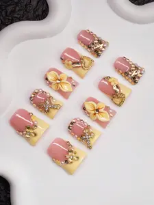 10Pcs Set Handmade Duck-Mouth Shaped Nail Art Decorations, Nude & Yellow Color French Tips, Gold Floral, Pearl, Rhinestone, Heart Design, Y2K Baddie Style, Suitable For Party, Wedding Great Gift For Women & Girls Press On Nails Nail Supplies Nails