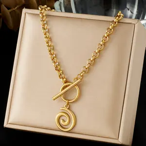Fashionable Punk Hip-Hop Gold-Plated Stainless Steel Spiral Ring Pendant OT Buckle O-Chain Vintage Necklace