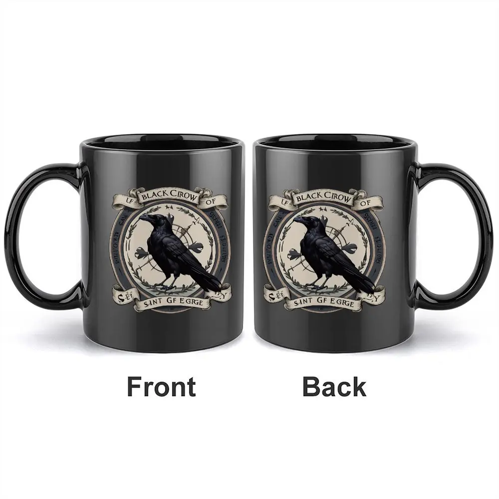 11oz Vintage Gothic Black Crow Coffee Mug, Black Ceramic Double-Sided Printed Cup, Occult Compass & Scroll Design, Perfect Christmas, Halloween, Birthday & Gift for Gothic Enthusiasts, Occult Fans, Raven Lovers