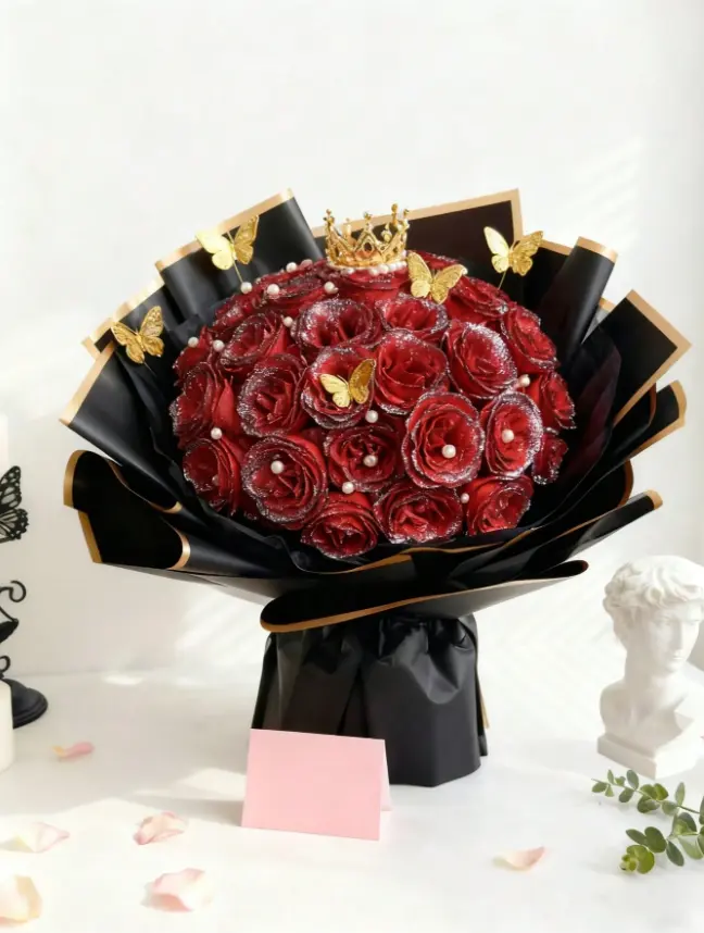 Glitter Rose Bouquet, Artificial Rose Flower Bouquet, Shiny Faux Flowers for Wedding, Anniversary, Birthday and Home Decor